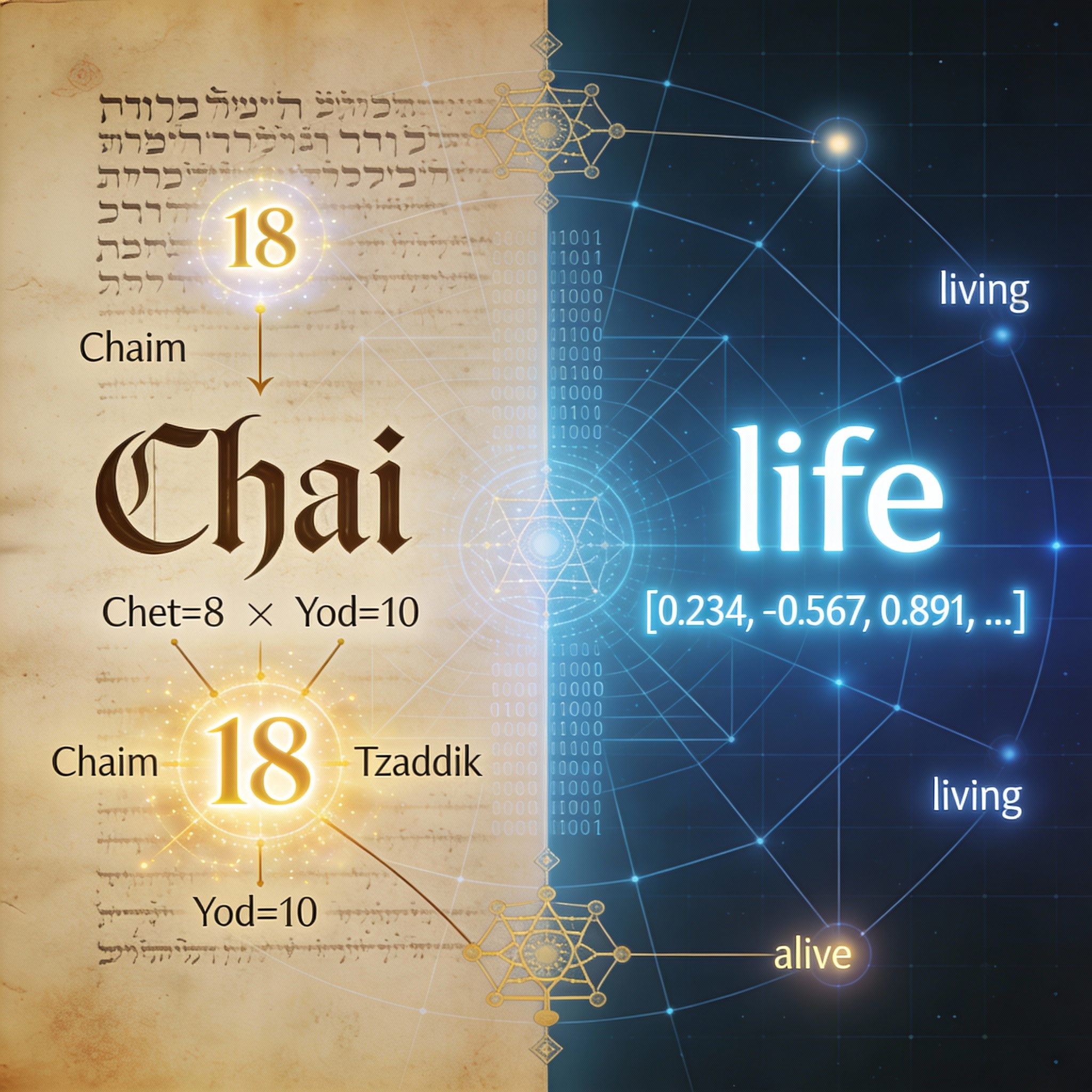 Ancient and modern systems of numerical meaning: Qabalah's gematria (left) and AI embeddings (right) both transform words into numbers to reveal hidden relationships between concepts.