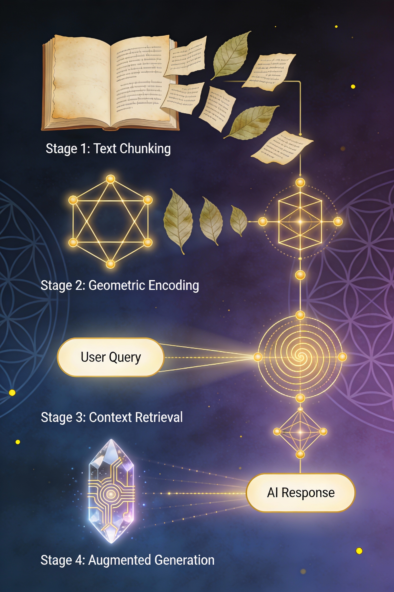 The RAG process visualized through the lens of sacred geometry, showing how modern AI mirrors ancient mystical principles of numerical correspondence and pattern recognition.